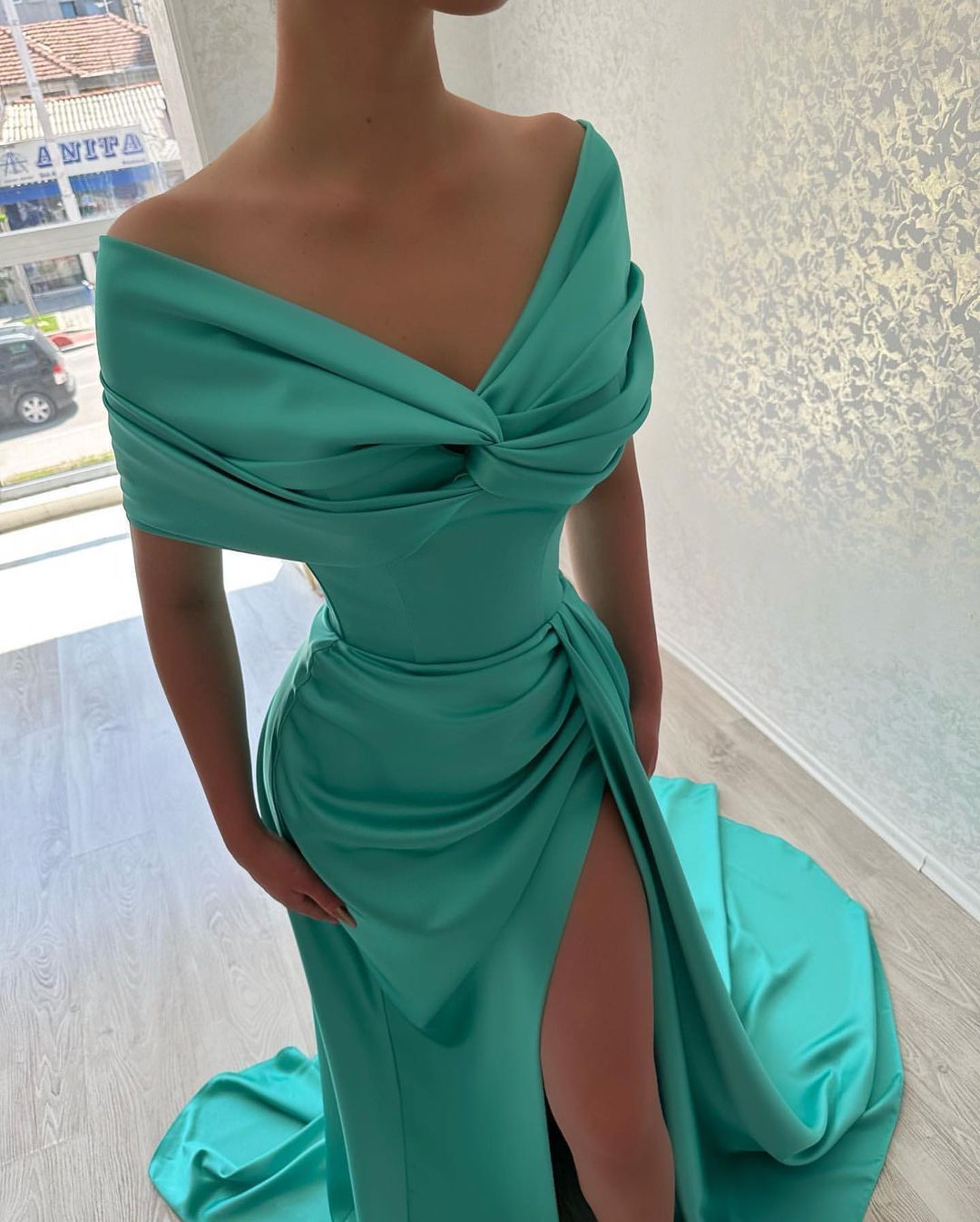 Beautiful Long A-line Off-the-shoulder Prom Dress with Stylish Side Slit