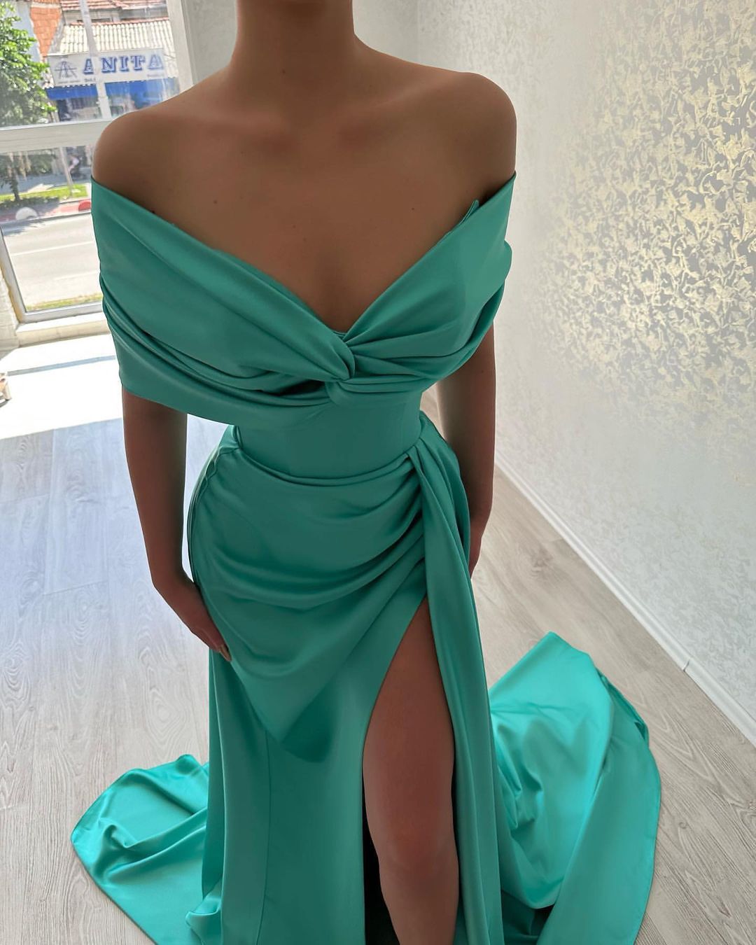 Beautiful Long A-line Off-the-shoulder Prom Dress with Stylish Side Slit