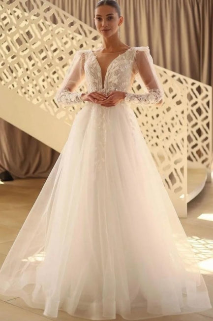 Beautiful Long A-line V-neck Lace Tulle Wedding Dress with Long Sleeves