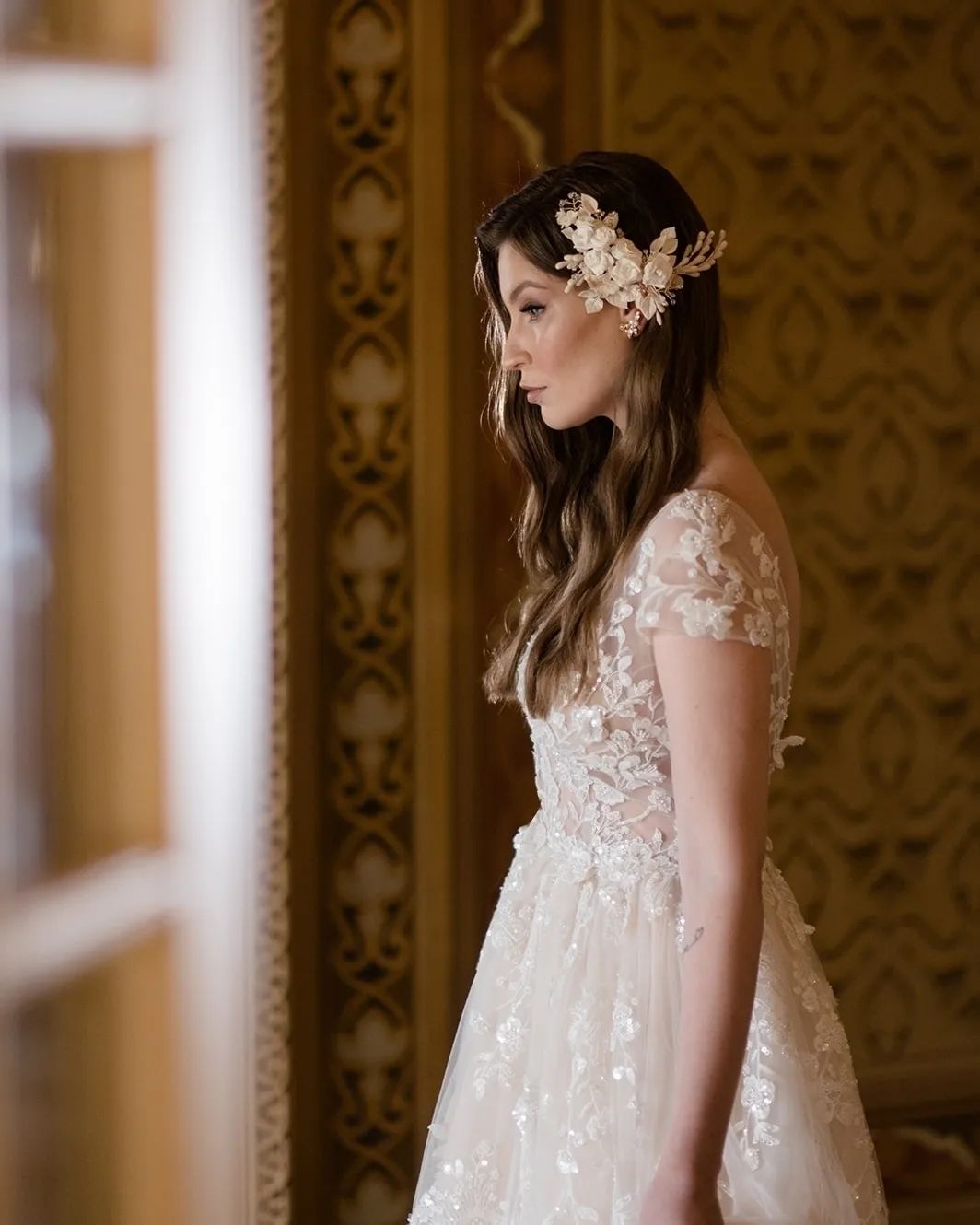 Elegant Long A-line V-neck Wedding Dress with Cap Sleeves and Lace Details