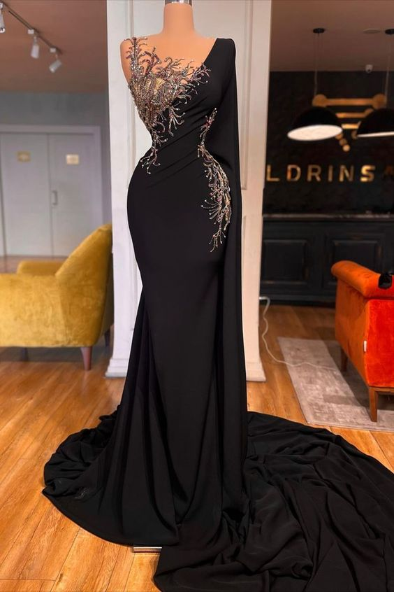 Exquisite Long Black Mermaid Dress with Beading and Lace for Prom