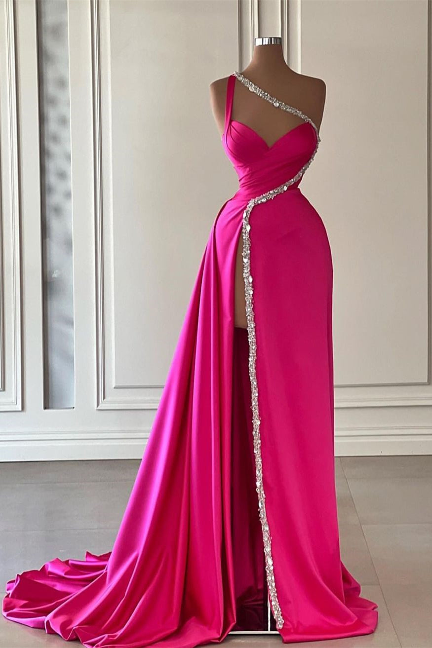 Beautiful Long Fuchsia One-Shoulder Prom Dress with Jewel Embellishments and High Slit