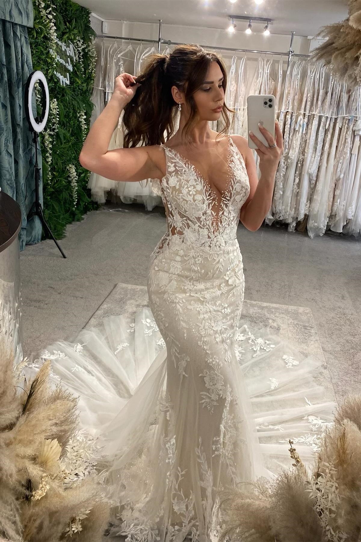 Beautiful Long Mermaid Spaghetti Straps V-neck White Wedding Dress with Lace