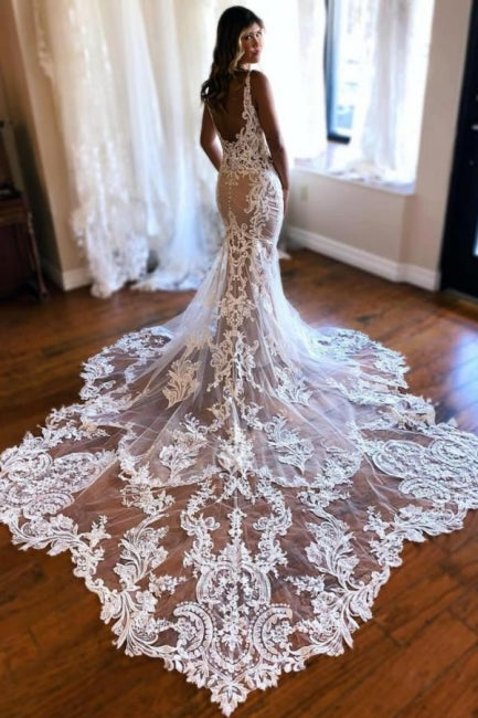 Beautiful Long Mermaid V-neck Sleeveless Lace Backless Wedding Dress with Flowing Train