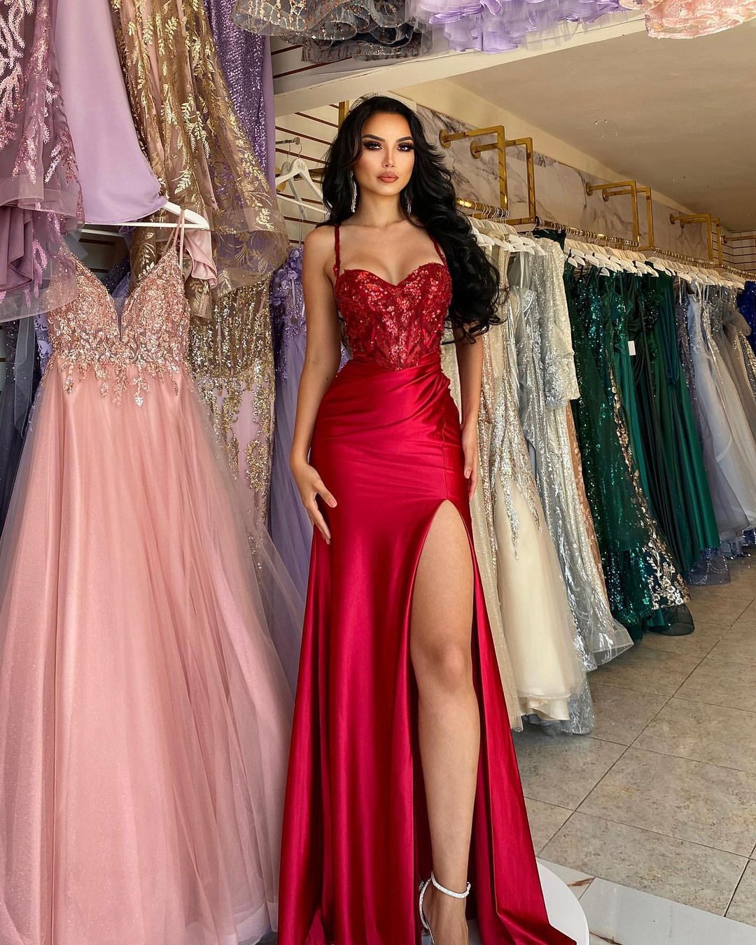 Vibrant Red Spaghetti-Strap Sequined Lace Sleeveless Prom Dress Featuring a Slit