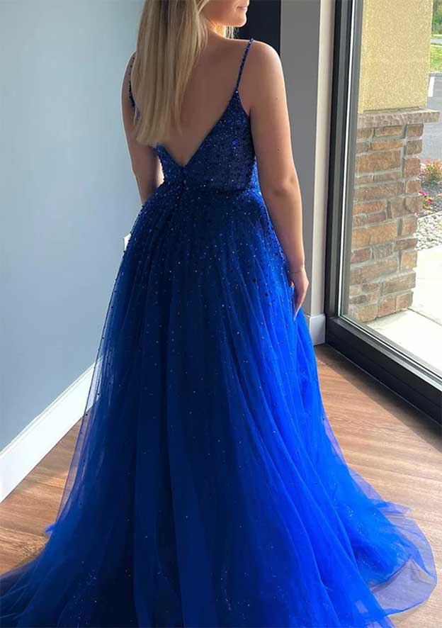 Beautiful V-Neck A-Line Tulle Prom Dress/Evening Dress with Beading Sequins and Court Train