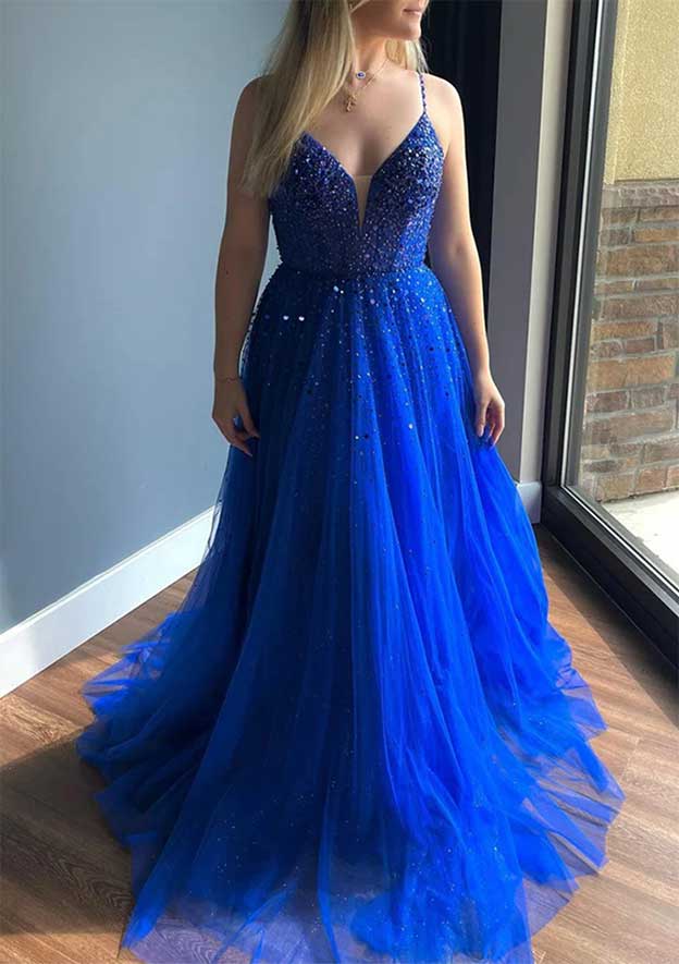 Beautiful V-Neck A-Line Tulle Prom Dress/Evening Dress with Beading Sequins and Court Train