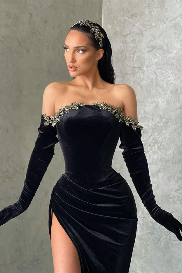 Black High-split Velvet Off-the-shoulder Mermaid Prom Dress