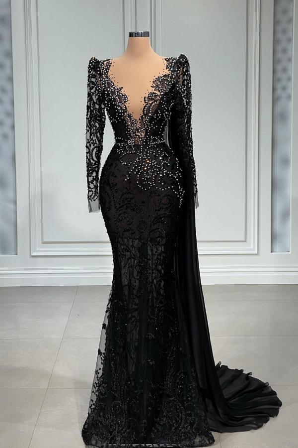 Black Lace Long Sleeves Prom Dress Mermaid With Beads