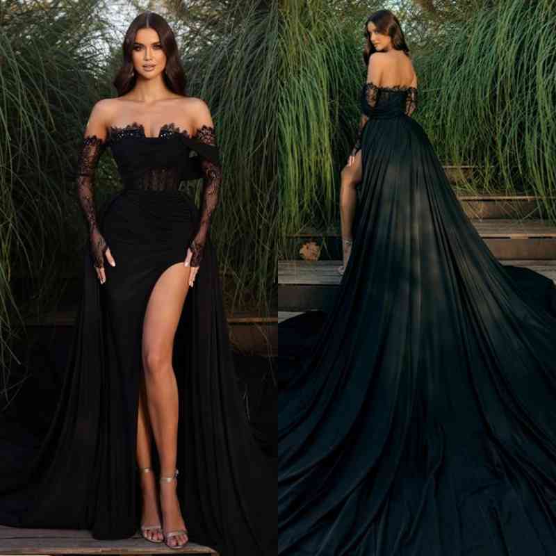 Black Long Sleeve Prom Dress Lace Mermaid Split