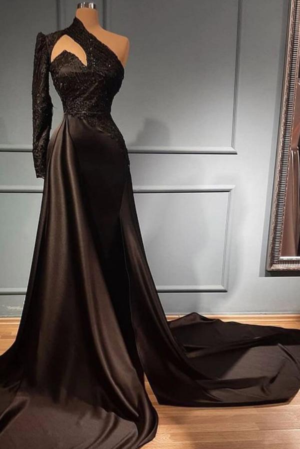 Black One Shoulder Lace Prom Dress Mermaid With Long Sleeves