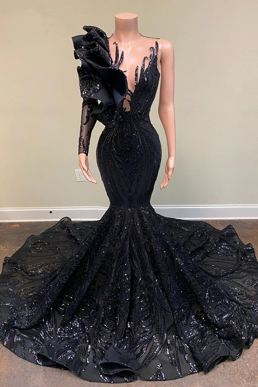 Black One Shoulder Long Sleeves Prom Dress Mermaid Sequins