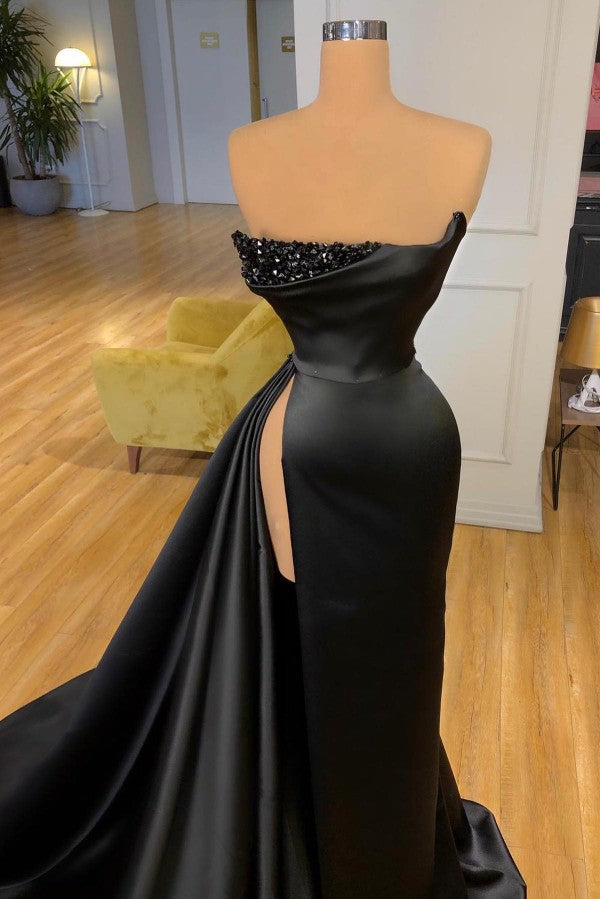 Black Prom Dress Mermaid Strapless High Split Long