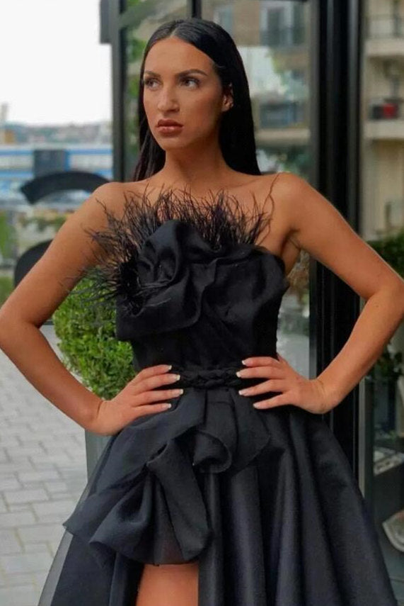 Black Prom Dress Split Long With Feather