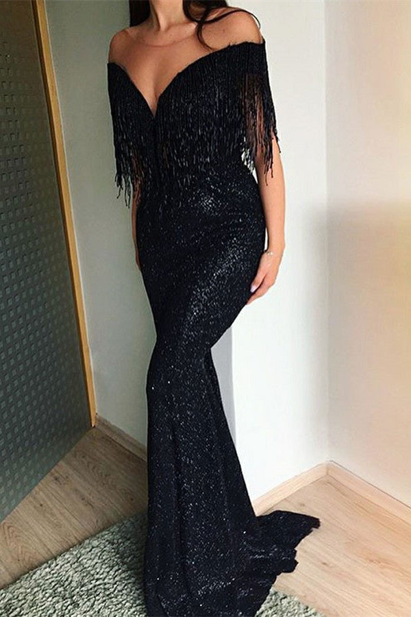 Black Sequins Mermaid Evening Gowns Tassels Sweep-Train Long Prom Dresses