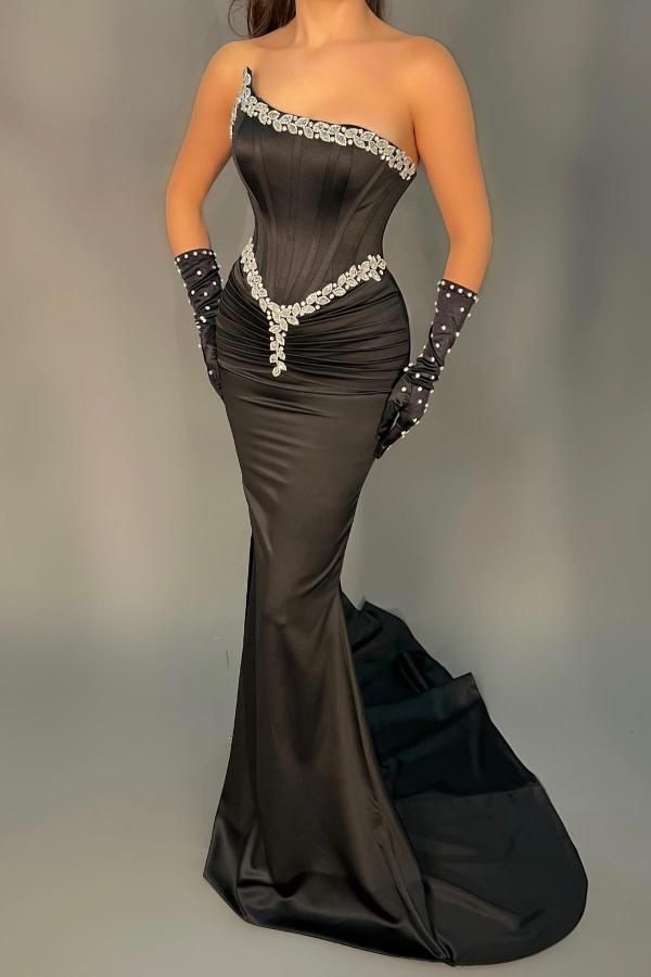 Black Strapless Mermaid Prom Dress Long With Beads