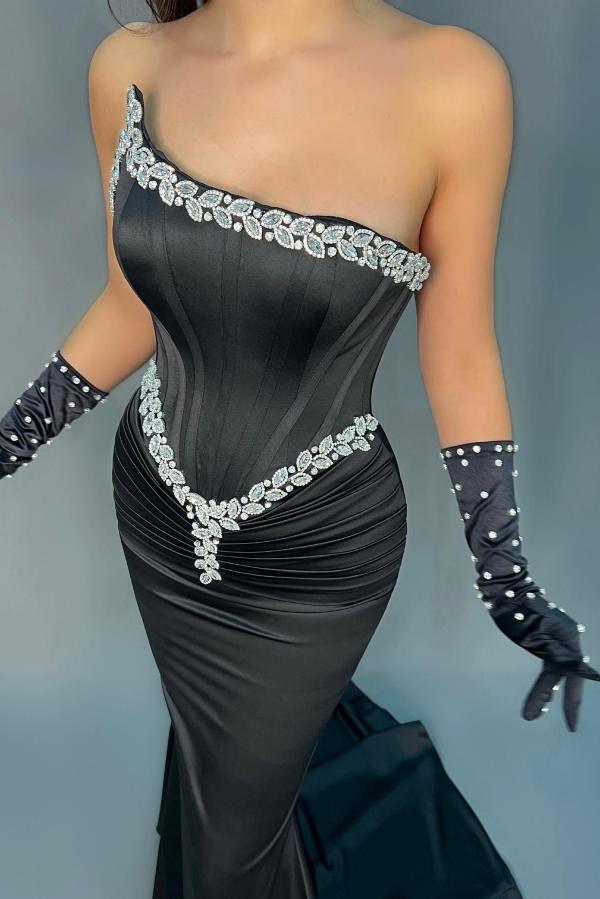 Black Strapless Mermaid Prom Dress Long With Beads