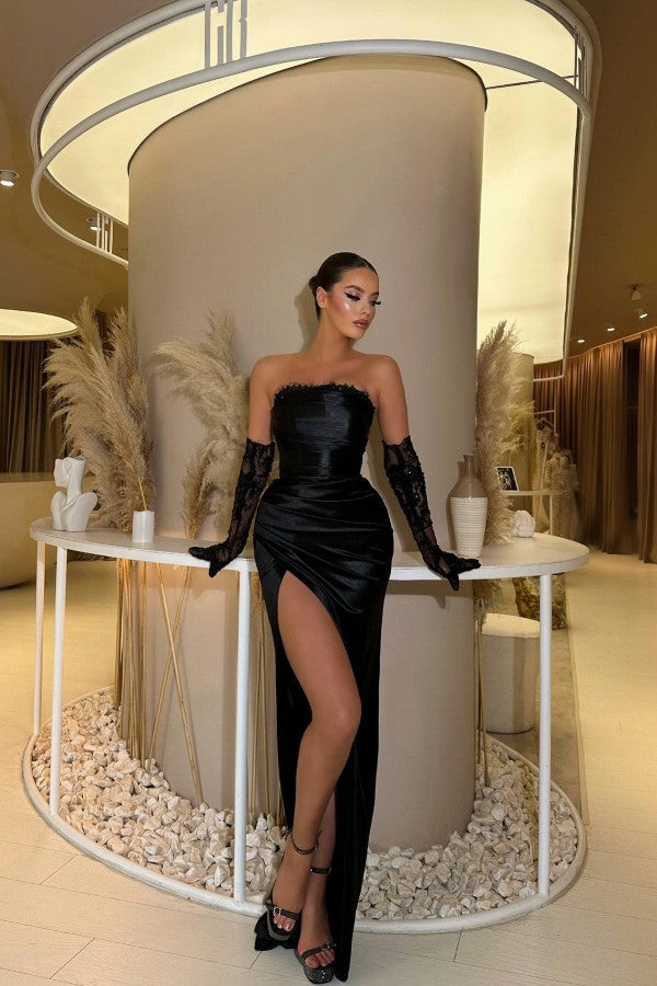 Black Strapless Prom Dress Mermaid Long Slit On Sale