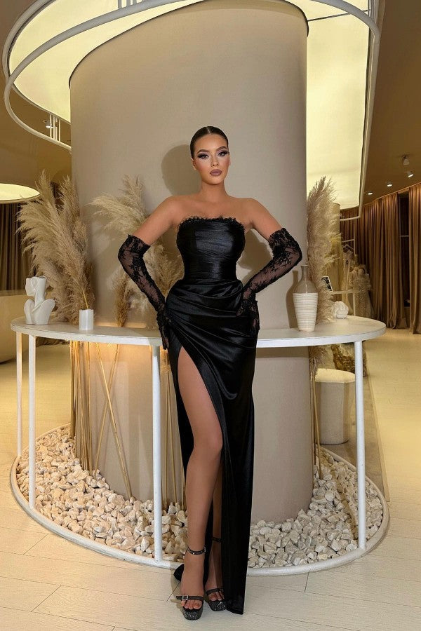 Black Strapless Prom Dress Mermaid Long Slit On Sale