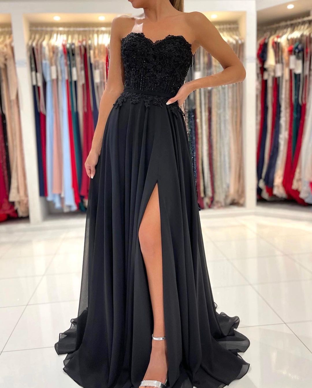 Black Sweetheart Long Prom Dress With Split