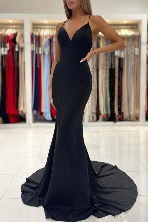 Black V-Neck Spaghetti-Straps Prom Dress Mermaid Sleeveless