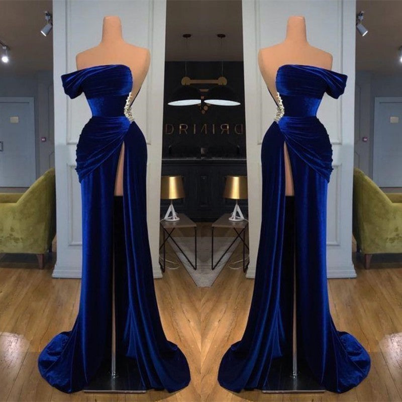 Blue Off-the-Shoulder Velvet Prom Dress Mermaid Long With Split