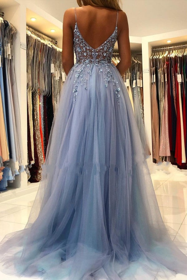 Blue Spaghetti-Straps Prom Dress Tulle Slit Evening Dress With Beads