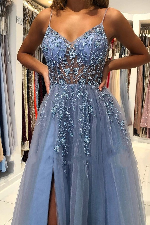 Blue Spaghetti-Straps Prom Dress Tulle Slit Evening Dress With Beads