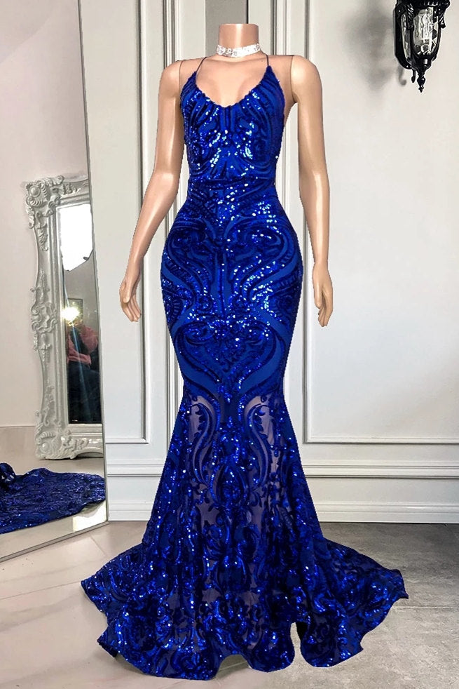 Bmbrdal Royal Blue Sleeveless Prom Dress Mermaid Sequins