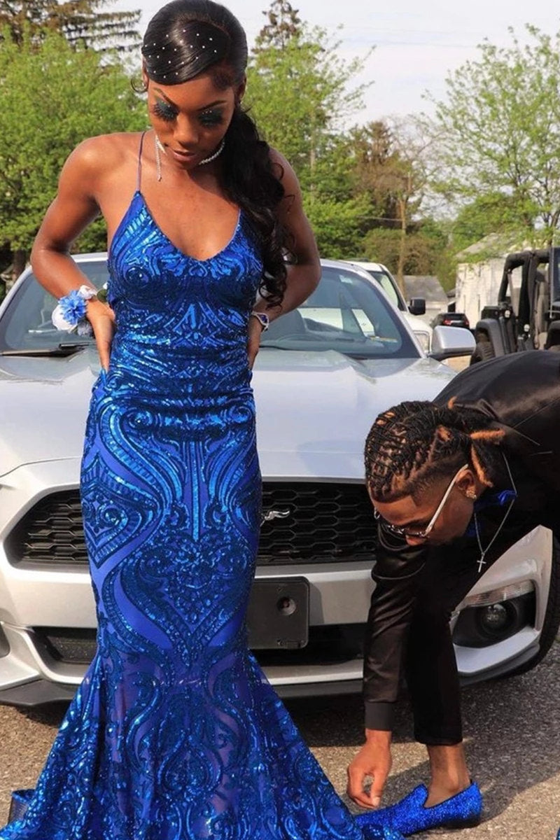 Bmbrdal Royal Blue Sleeveless Prom Dress Mermaid Sequins