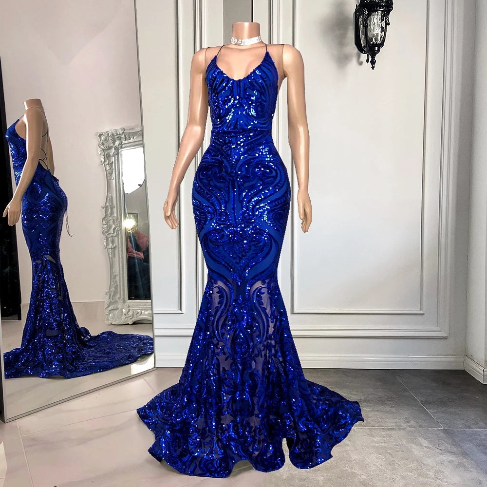 Bmbrdal Royal Blue Sleeveless Prom Dress Mermaid Sequins