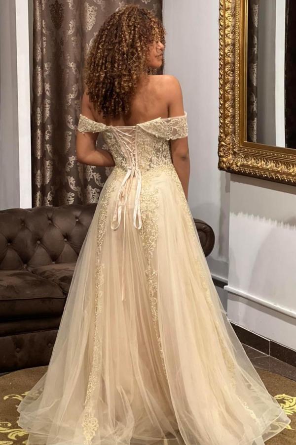 BMbridla Off-the-Shoulder Tulle Prom Dresses Long With Lace Appliques