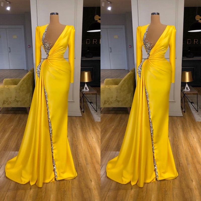 Bright Yellow V-neck Metallic Sequin Long sleeves Prom Dress