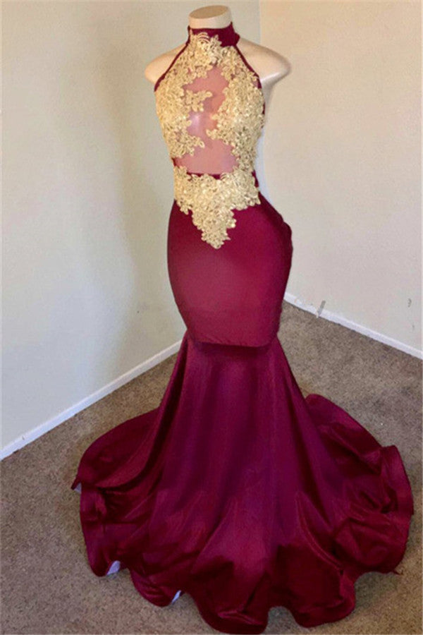 Burgundy High Neck Mermaid Prom Dress With Lace Appliques