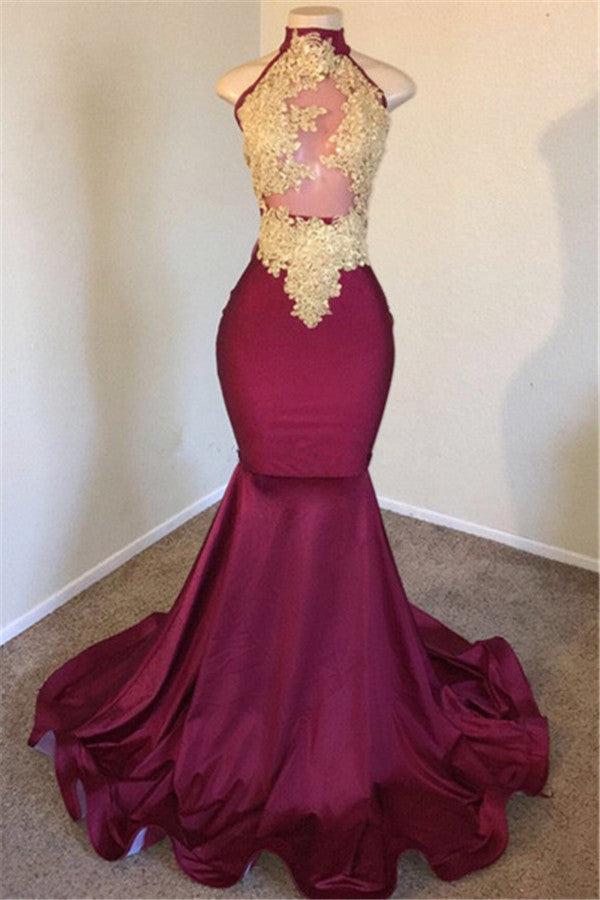 Burgundy High Neck Mermaid Prom Dress With Lace Appliques