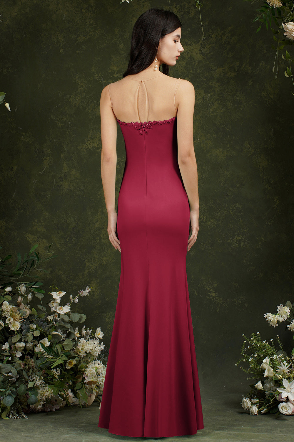 Burgundy Illussion Neck Mermaid Prom Dress Long With Appliques