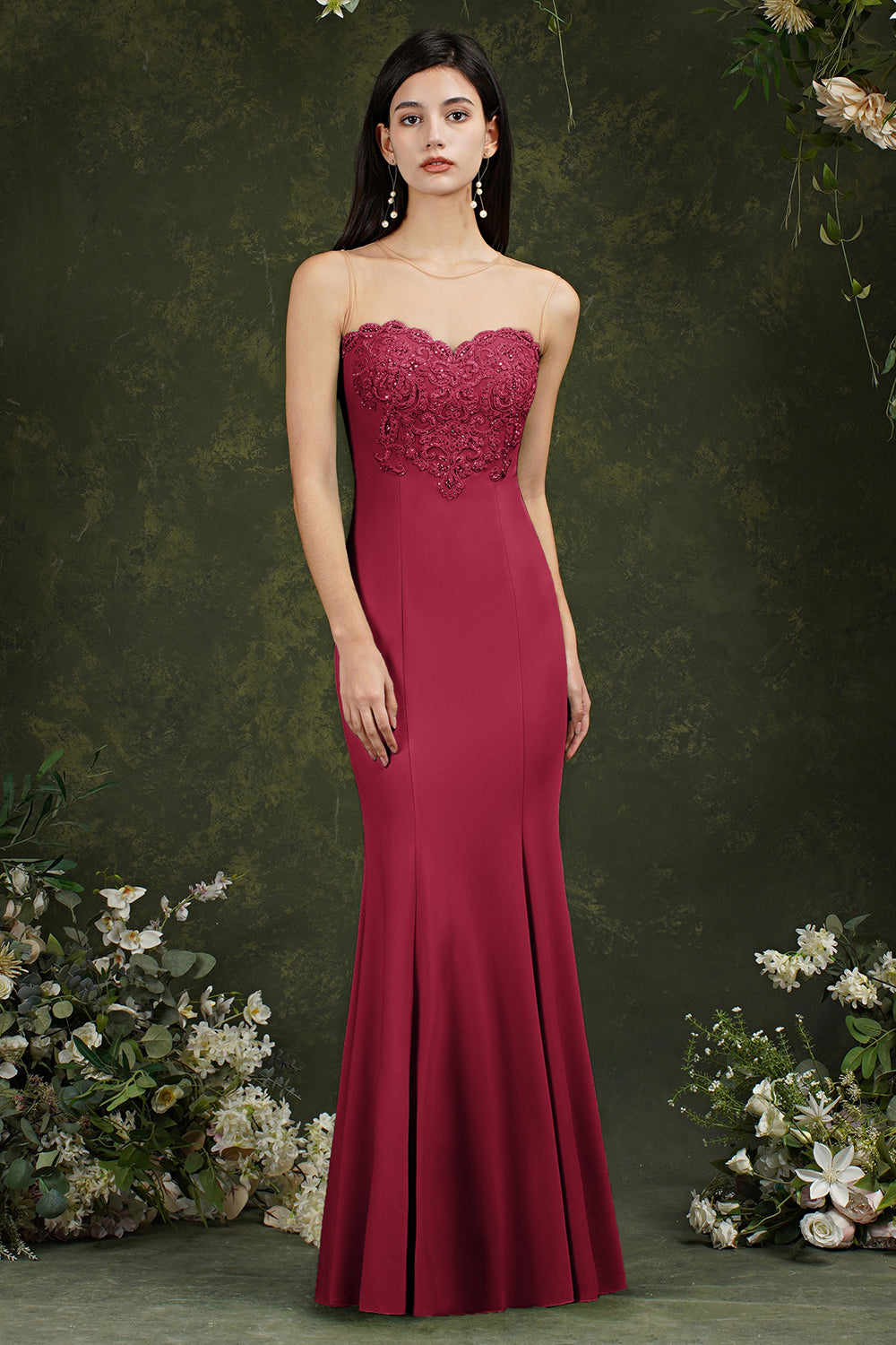 Burgundy Illussion Neck Mermaid Prom Dress Long With Appliques