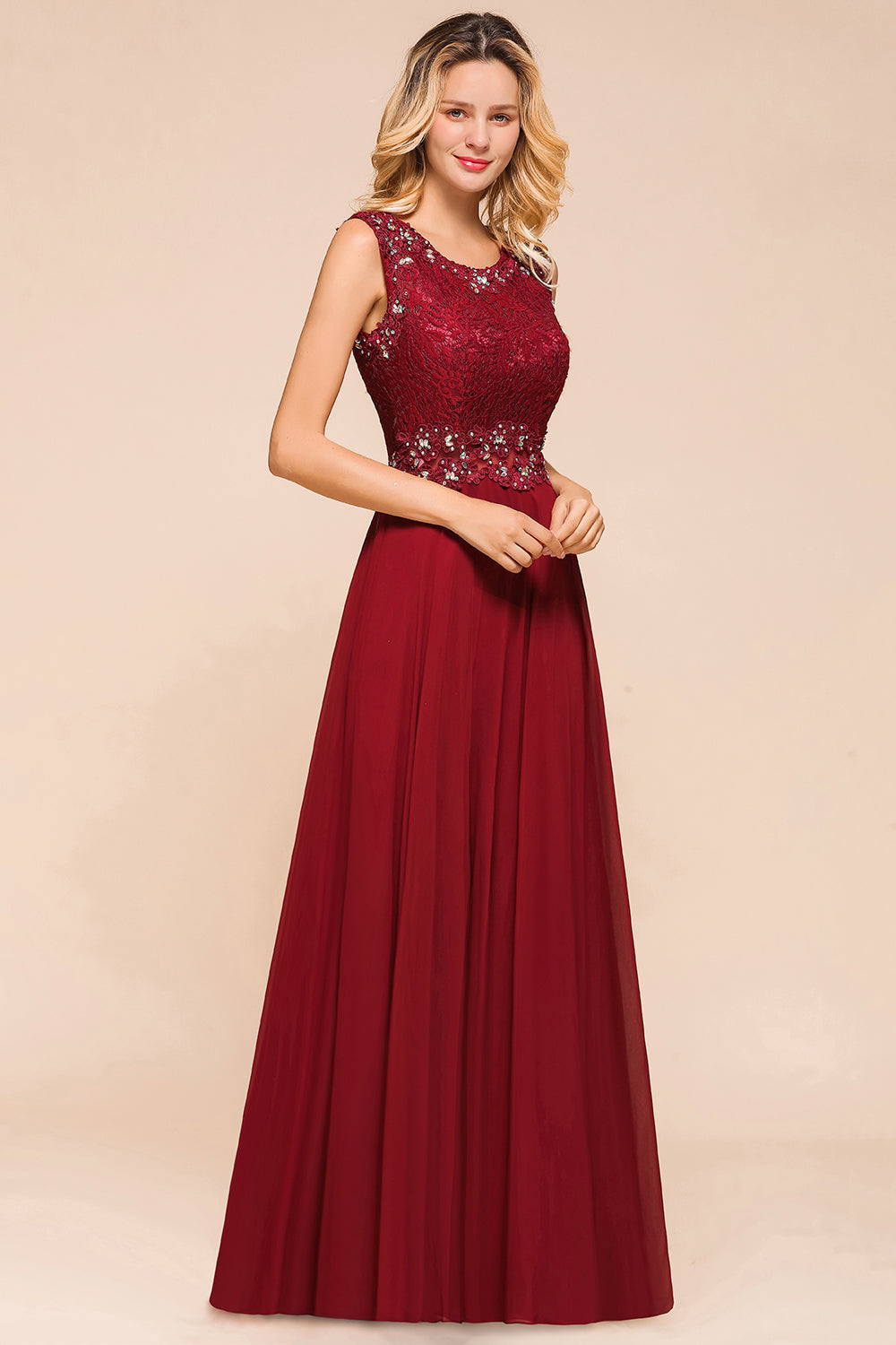 Burgundy Lace Long Prom Dresses Sleeveless Chiffon Evening Gowns With Crystal