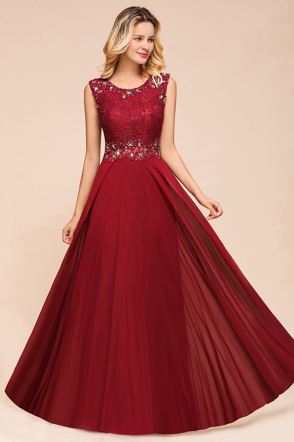 Burgundy Lace Long Prom Dresses Sleeveless Chiffon Evening Gowns With Crystal