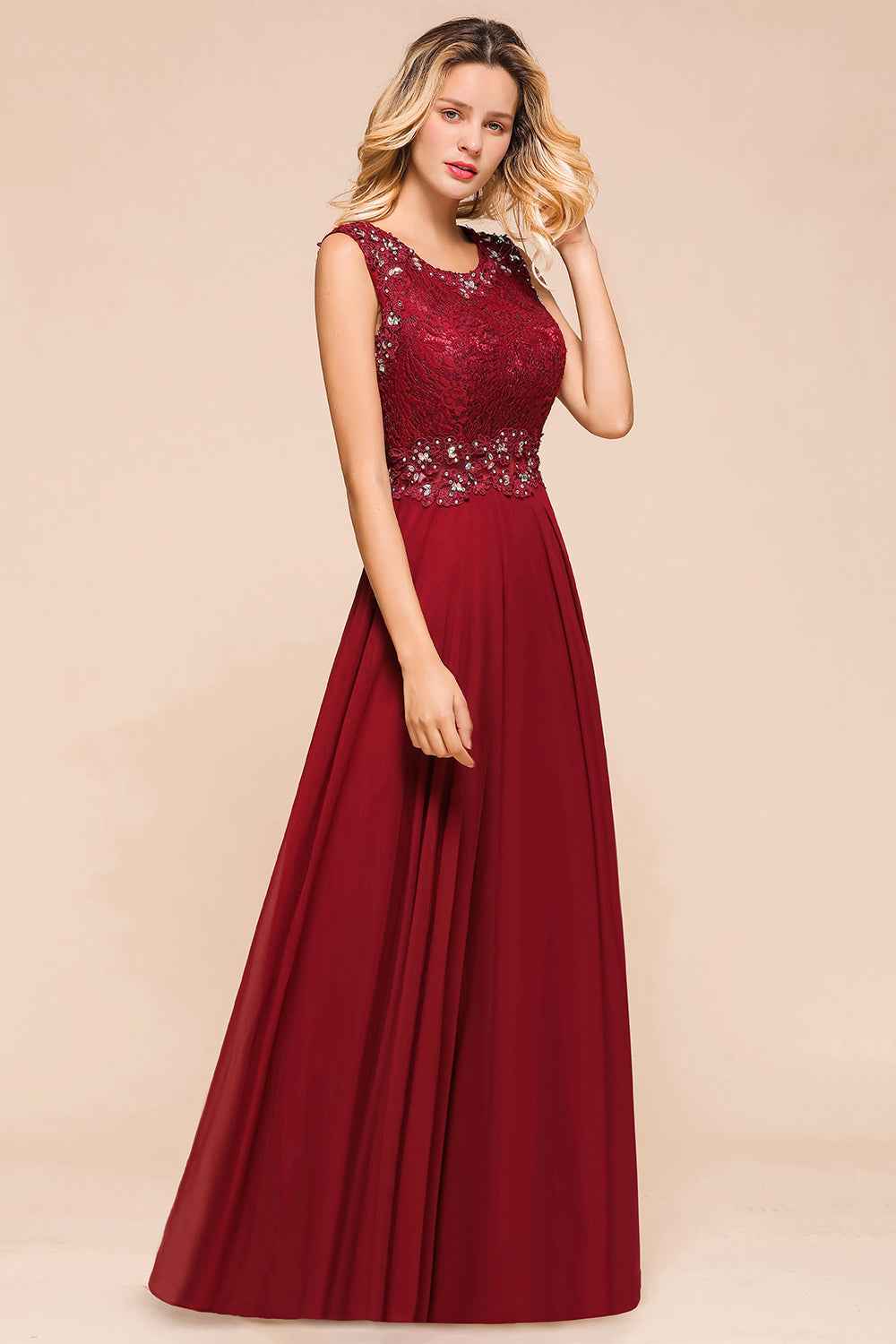 Burgundy Lace Long Prom Dresses Sleeveless Chiffon Evening Gowns With Crystal