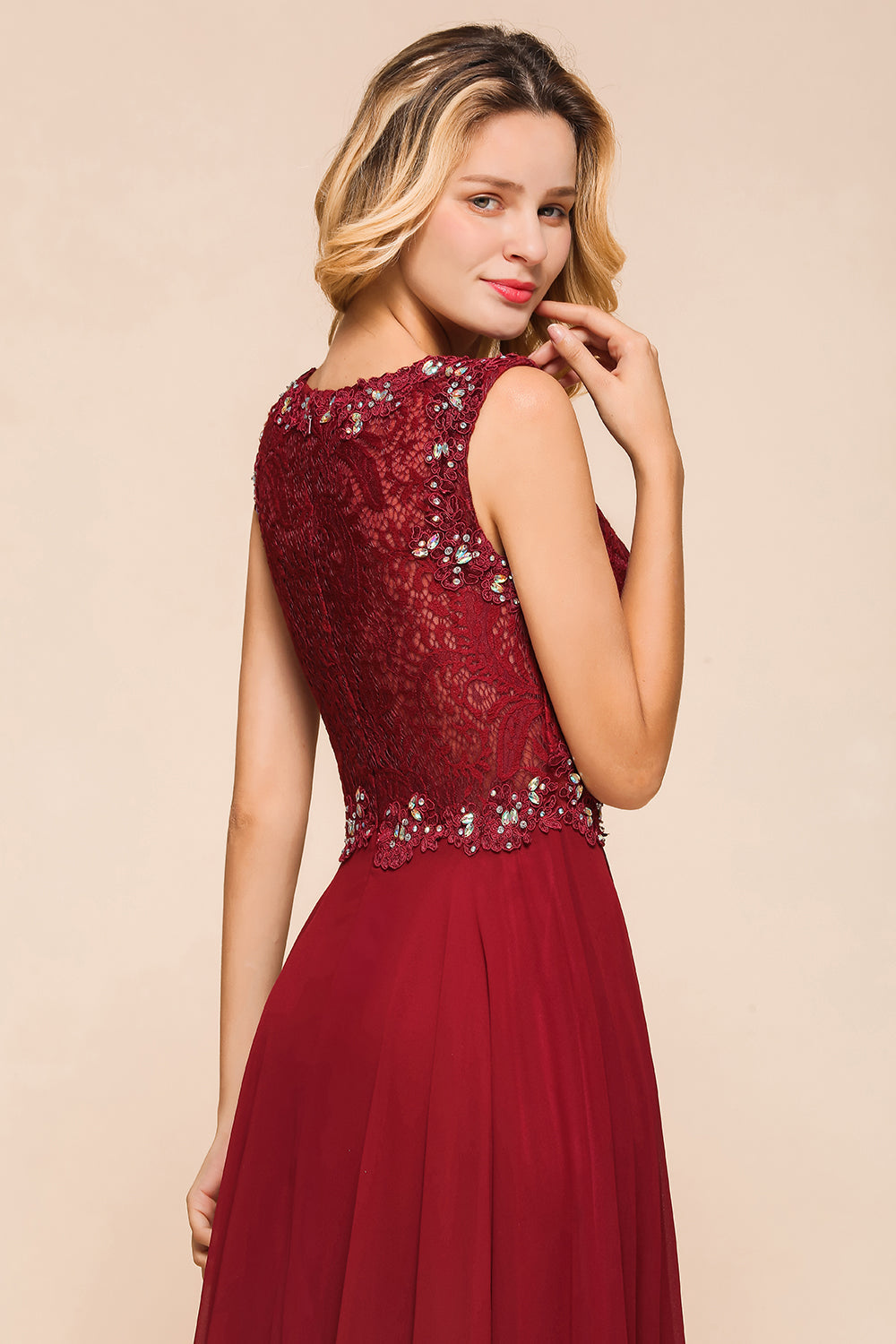 Burgundy Lace Long Prom Dresses Sleeveless Chiffon Evening Gowns With Crystal