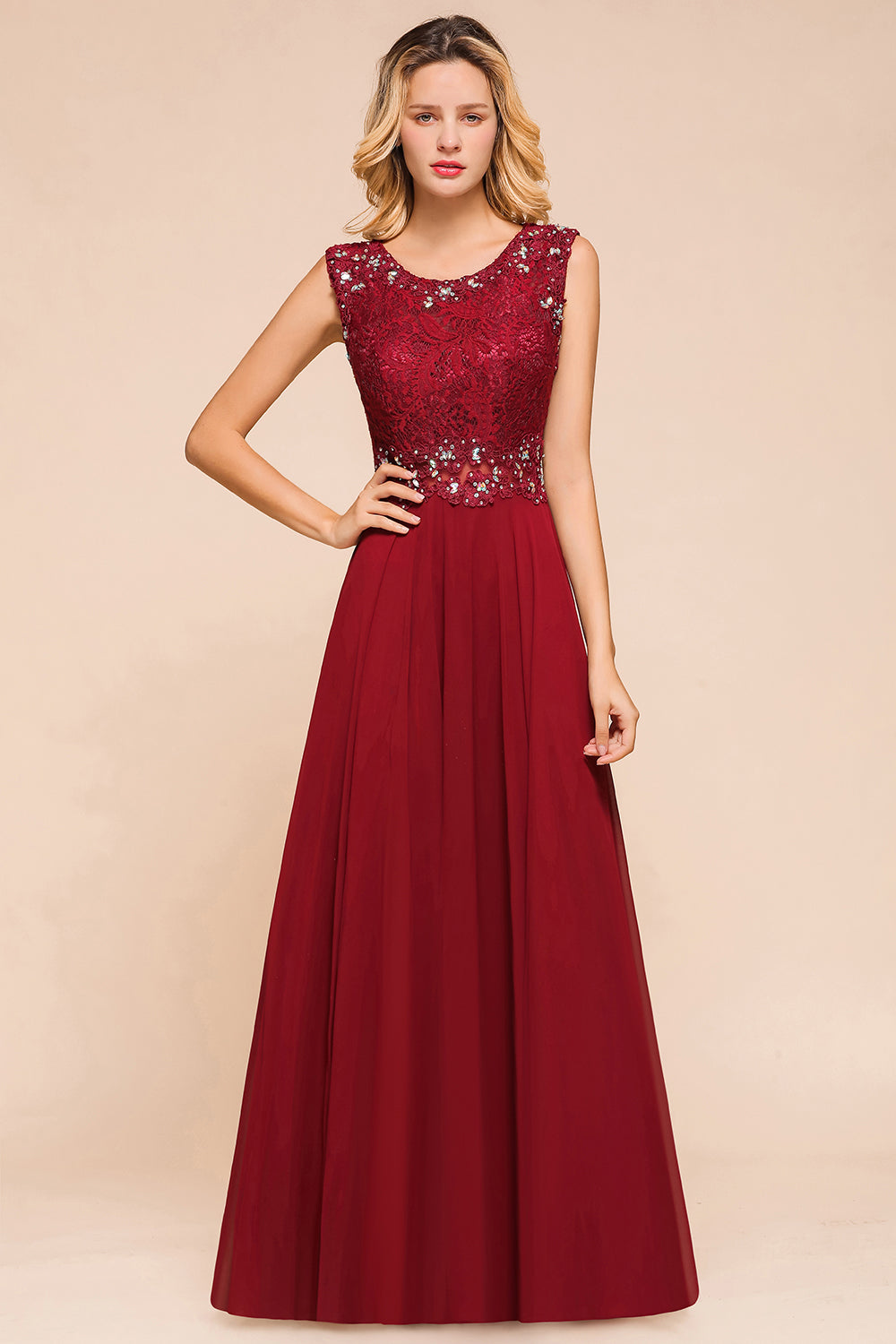 Burgundy Lace Long Prom Dresses Sleeveless Chiffon Evening Gowns With Crystal