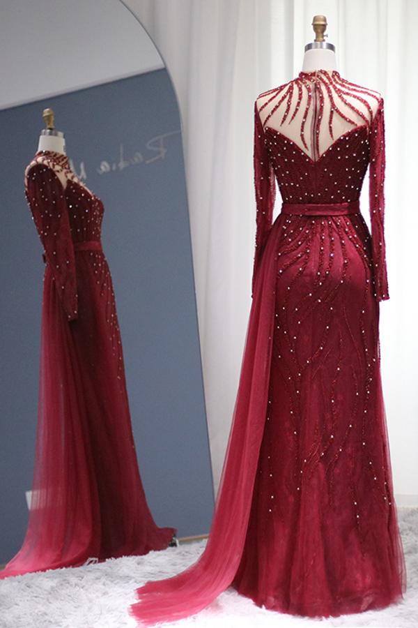 Burgundy Long Sleeves Beadings Evening Dress High Neck Mermaid Party Gowns