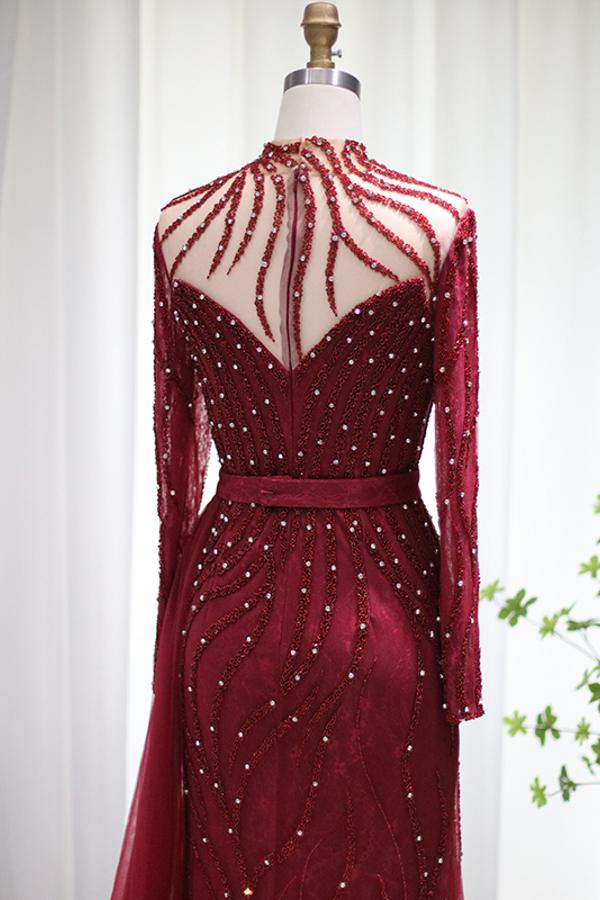 Burgundy Long Sleeves Beadings Evening Dress High Neck Mermaid Party Gowns