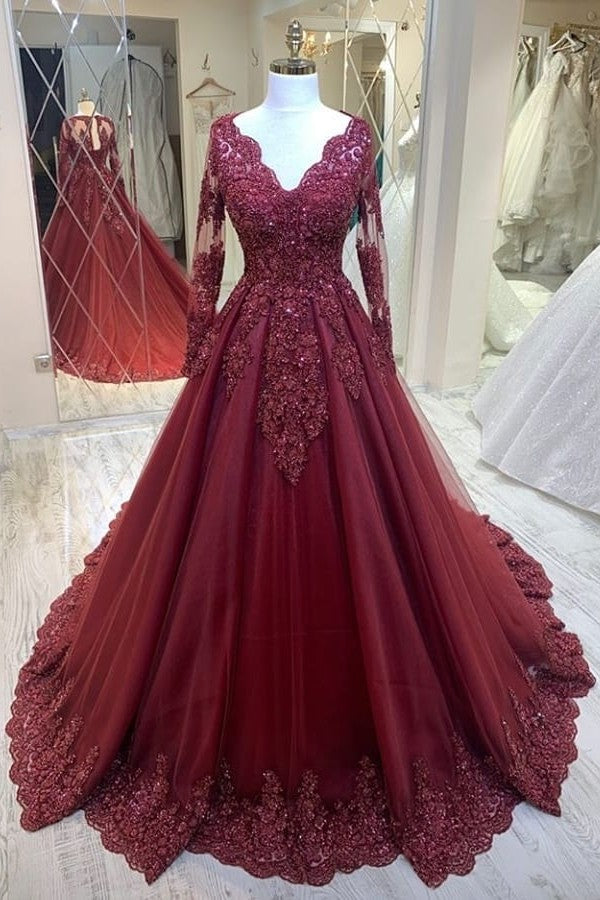 Burgundy Long Sleeves Lace Evening Dress With Appliques