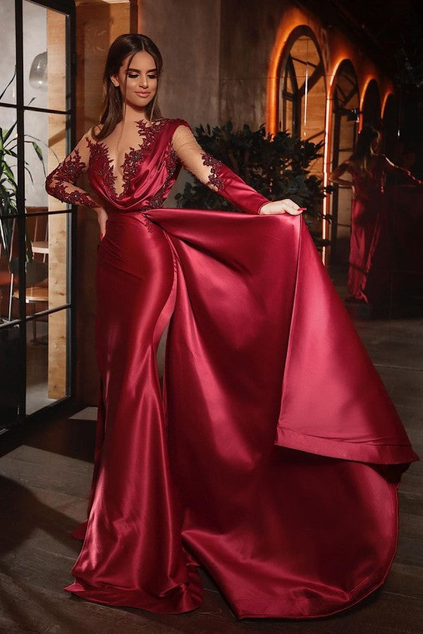 Burgundy Long Sleeves Mermaid Prom Dress Ruffles With Appliques