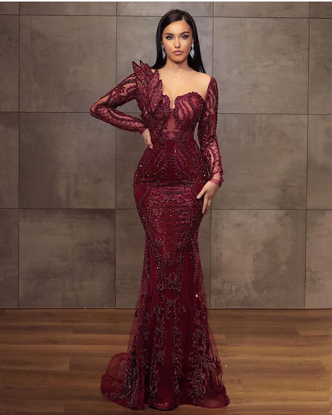 Burgundy Long Sleeves Prom Dress Mermaid Long With Beadings