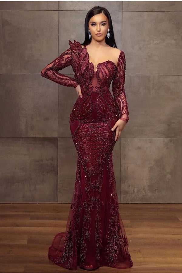 Burgundy Long Sleeves Prom Dress Mermaid Long With Beadings