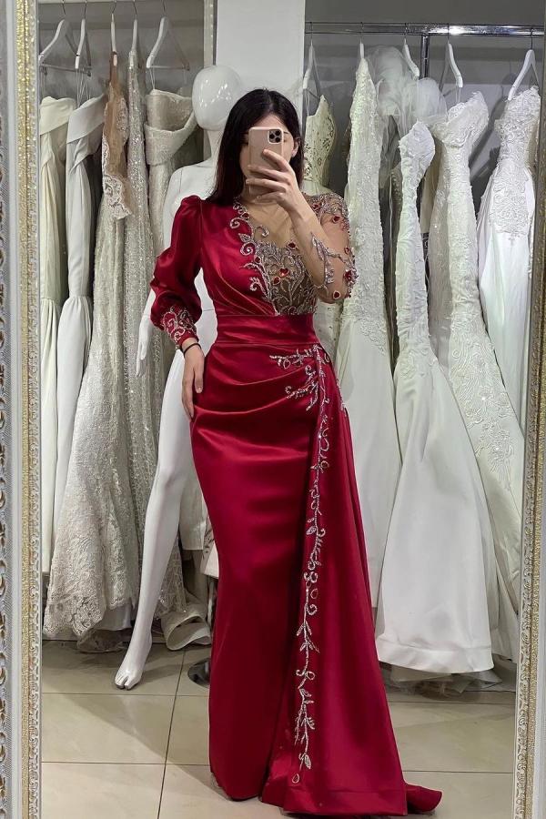 Burgundy Long Sleeves Prom Dress Mermaid Long With Beads