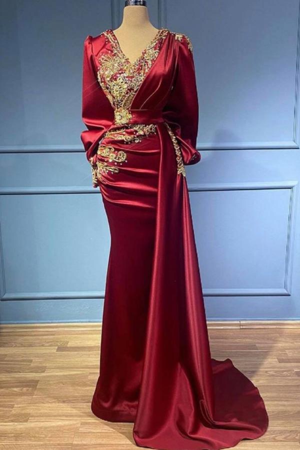 Burgundy Long Sleevs Prom Dress Mermaid With Beadings